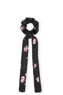 Best GANNI Crinkled Satin Frill Bow Scrunchie Black