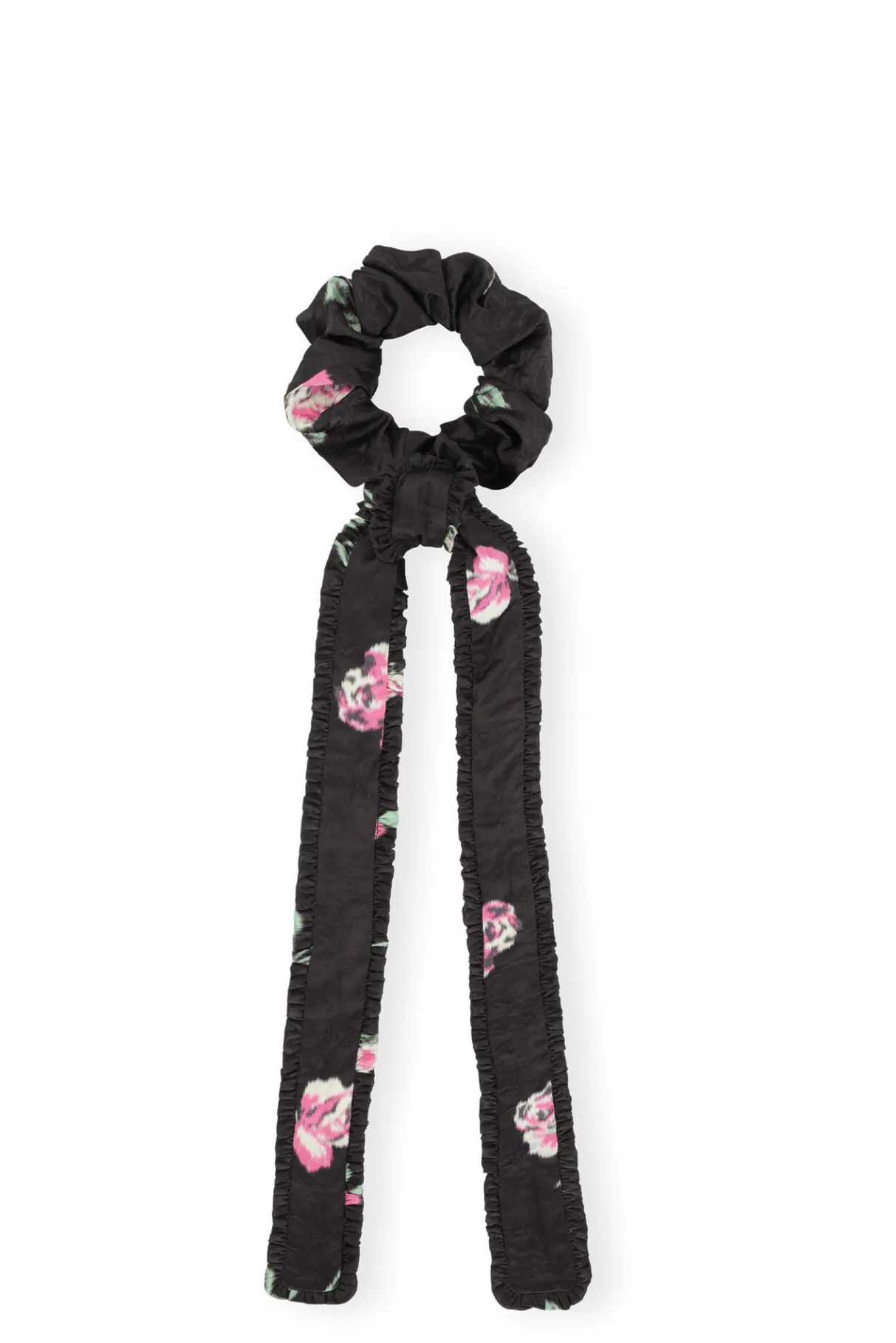 Best GANNI Crinkled Satin Frill Bow Scrunchie Black