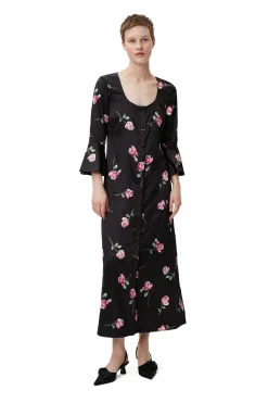 Sale GANNI Crinkled Satin Long Dress Black