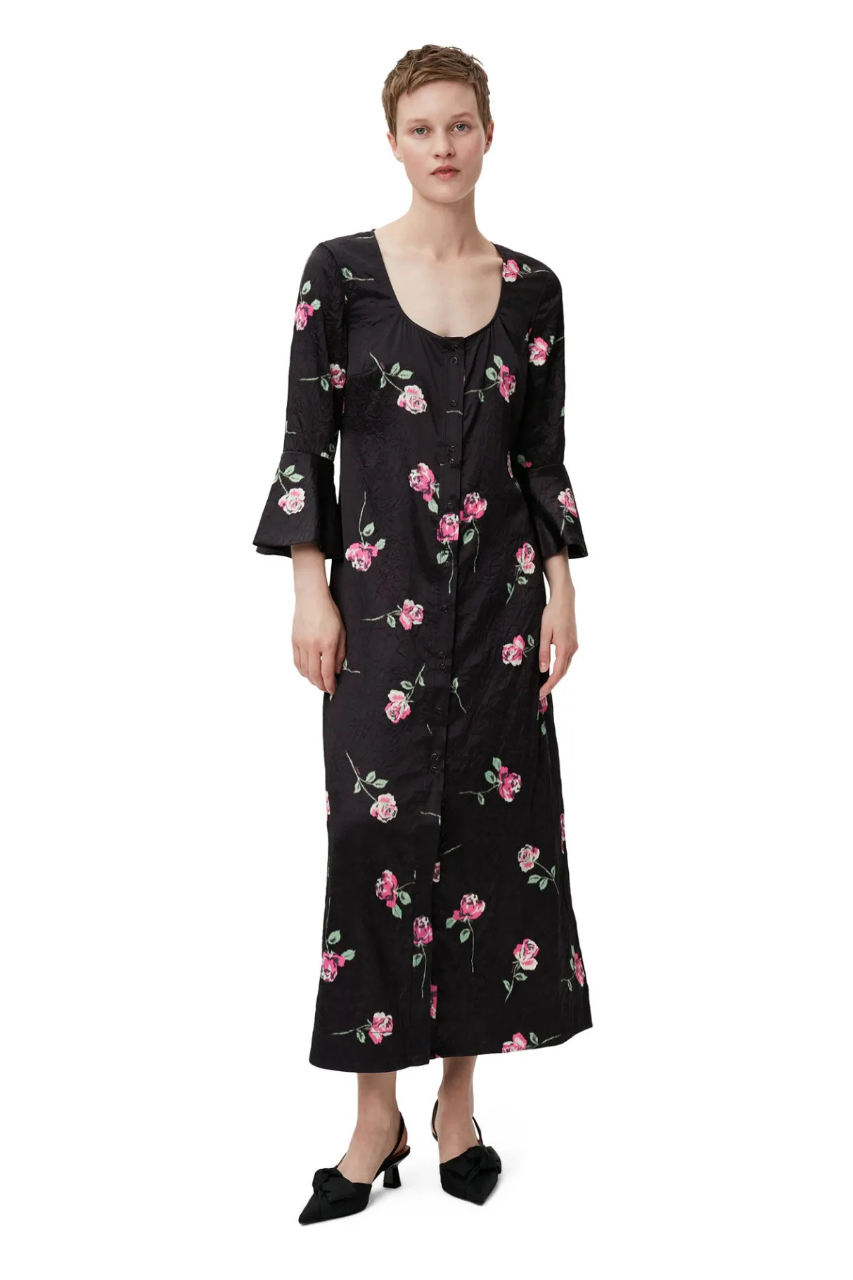 Sale GANNI Crinkled Satin Long Dress Black