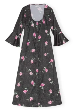 Sale GANNI Crinkled Satin Long Dress Black