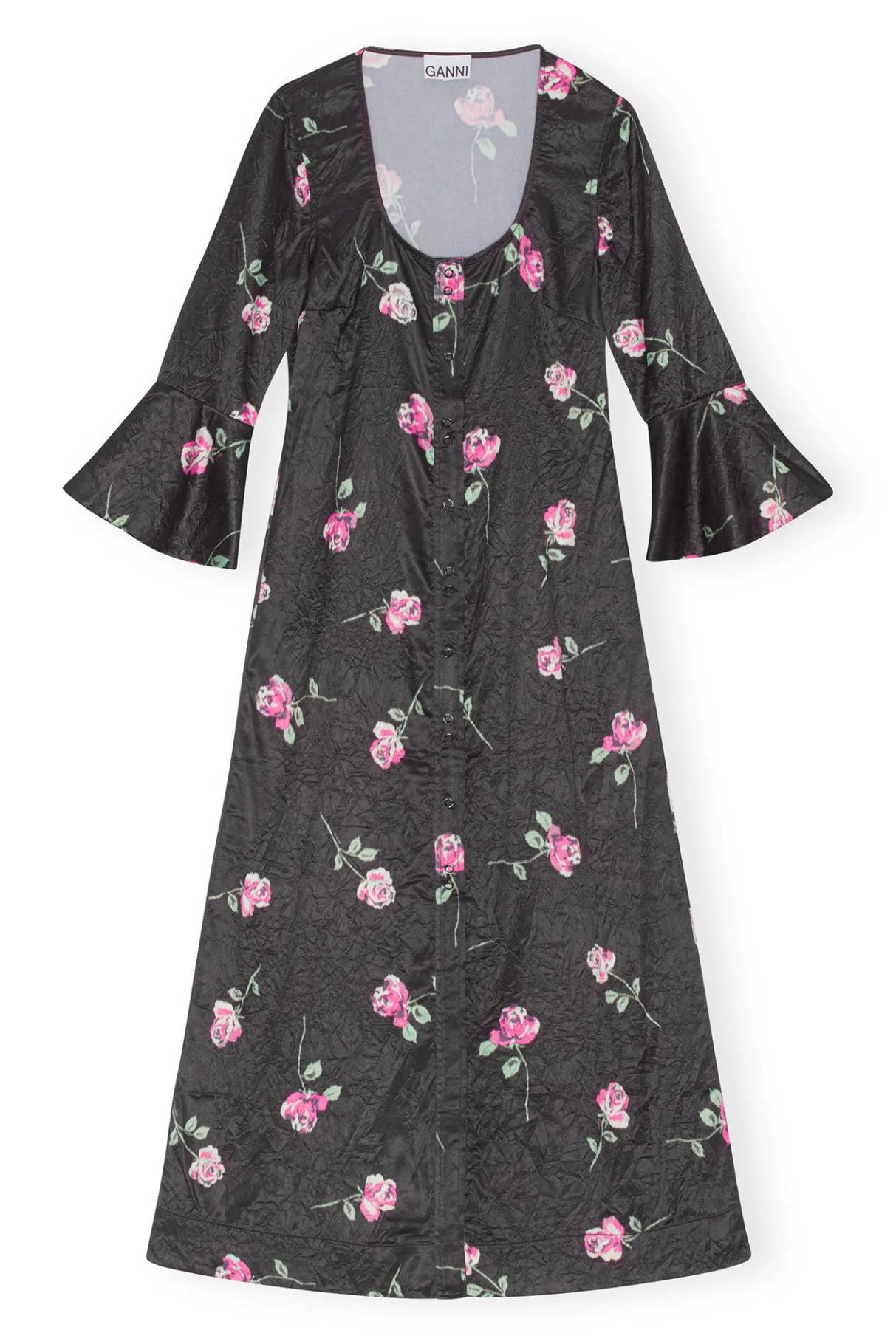 Sale GANNI Crinkled Satin Long Dress Black
