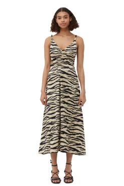 Discount GANNI Crinkled Satin Maxi Strap Dress Pale Khaki