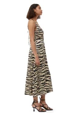 Discount GANNI Crinkled Satin Maxi Strap Dress Pale Khaki