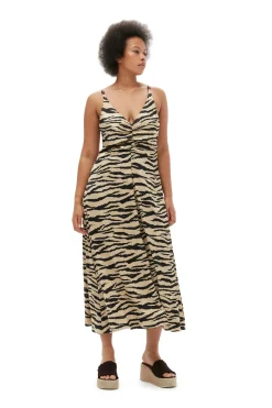 Discount GANNI Crinkled Satin Maxi Strap Dress Pale Khaki