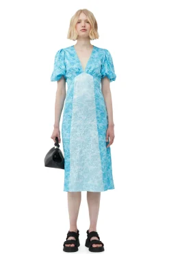 Clearance GANNI Crinkled Satin Midi Dress Ethereal Blue