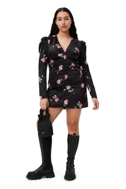 Discount GANNI Crinkled Satin V-Neck Mini Dress Black