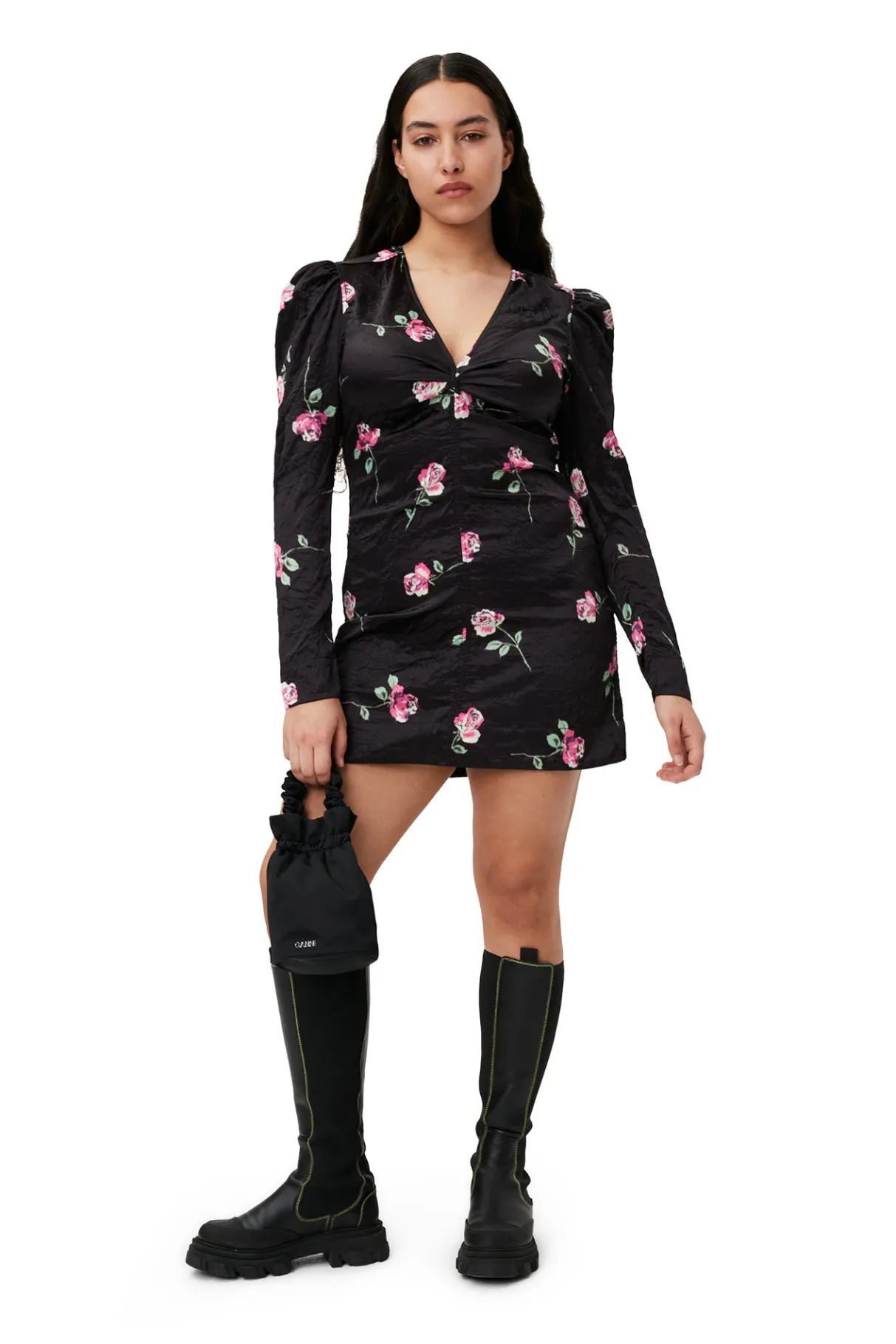 Discount GANNI Crinkled Satin V-Neck Mini Dress Black