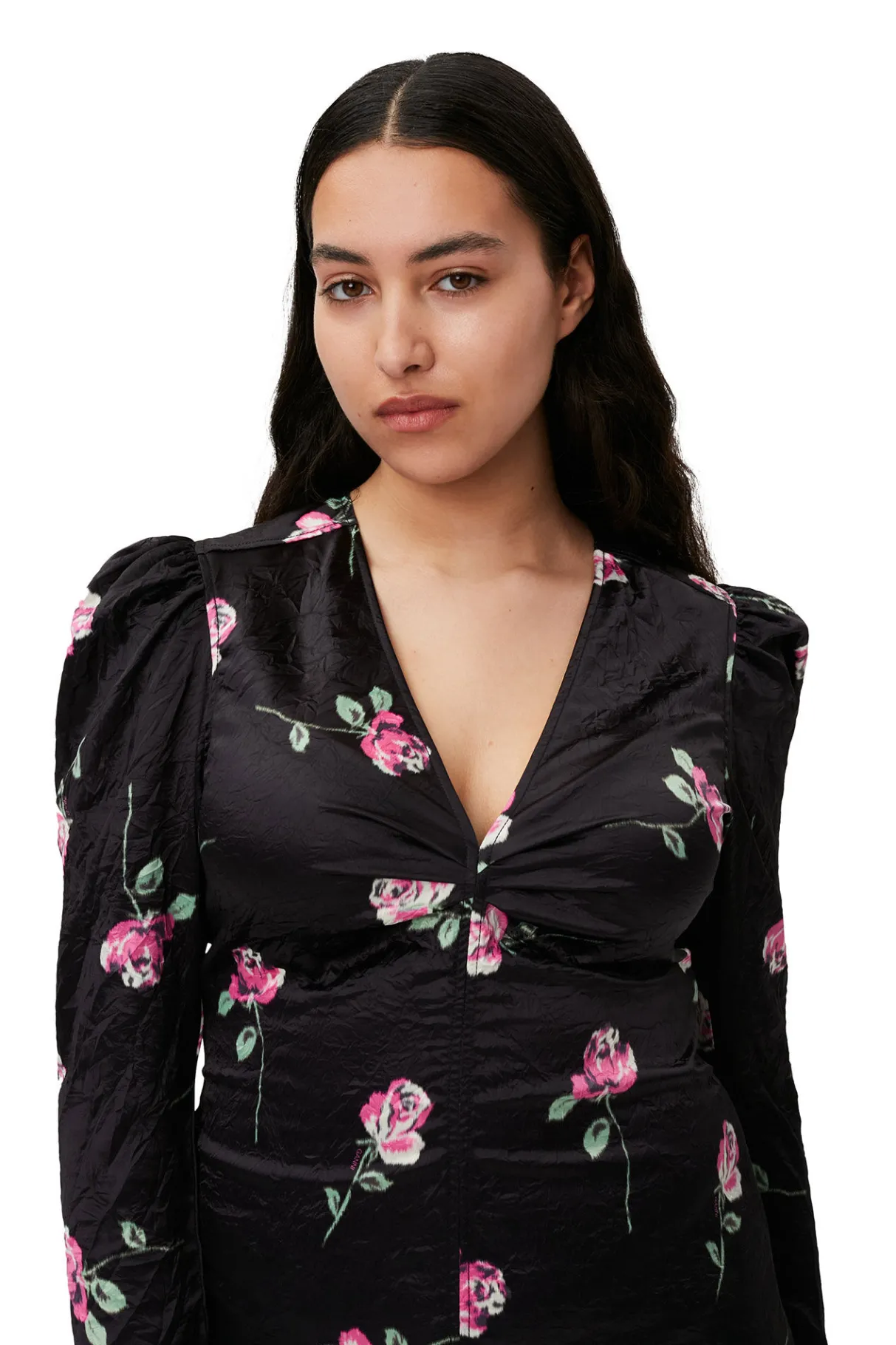 Discount GANNI Crinkled Satin V-Neck Mini Dress Black