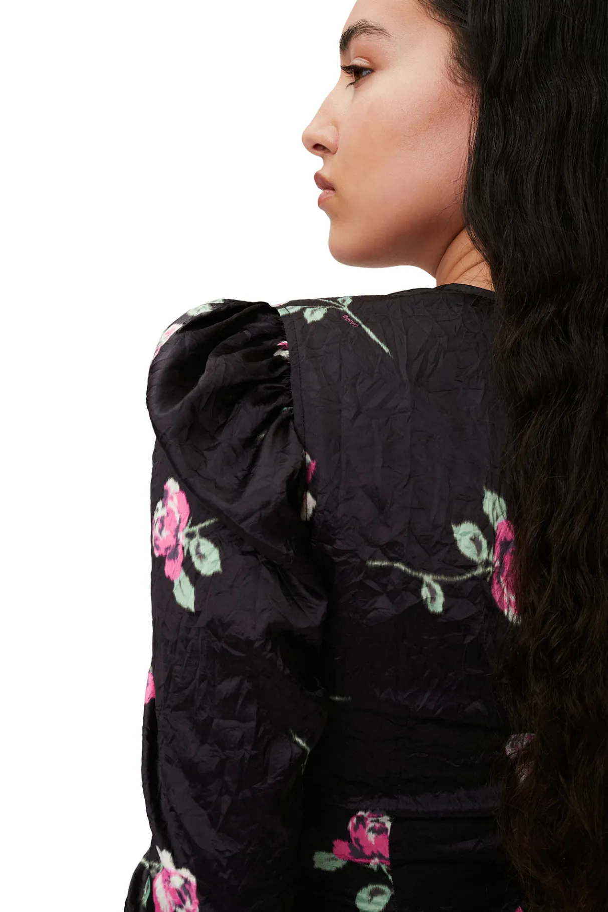 Discount GANNI Crinkled Satin V-Neck Mini Dress Black