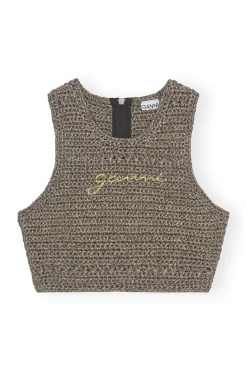 New GANNI Crochet Racerback Top Black/Gold