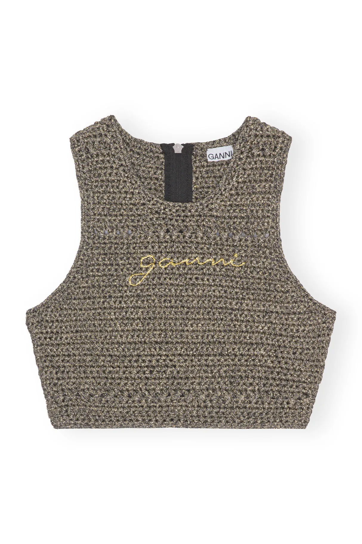 New GANNI Crochet Racerback Top Black/Gold