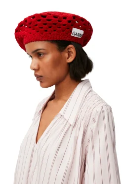 Sale GANNI Crochet Wool Beret Fiery Red