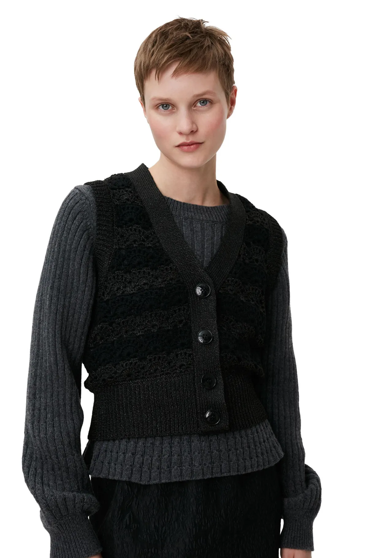Clearance GANNI Cropchet V-Neck Vest Black