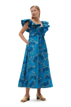 Outlet GANNI 3D Jacquard Ruffle Midi Dress Brilliant Blue