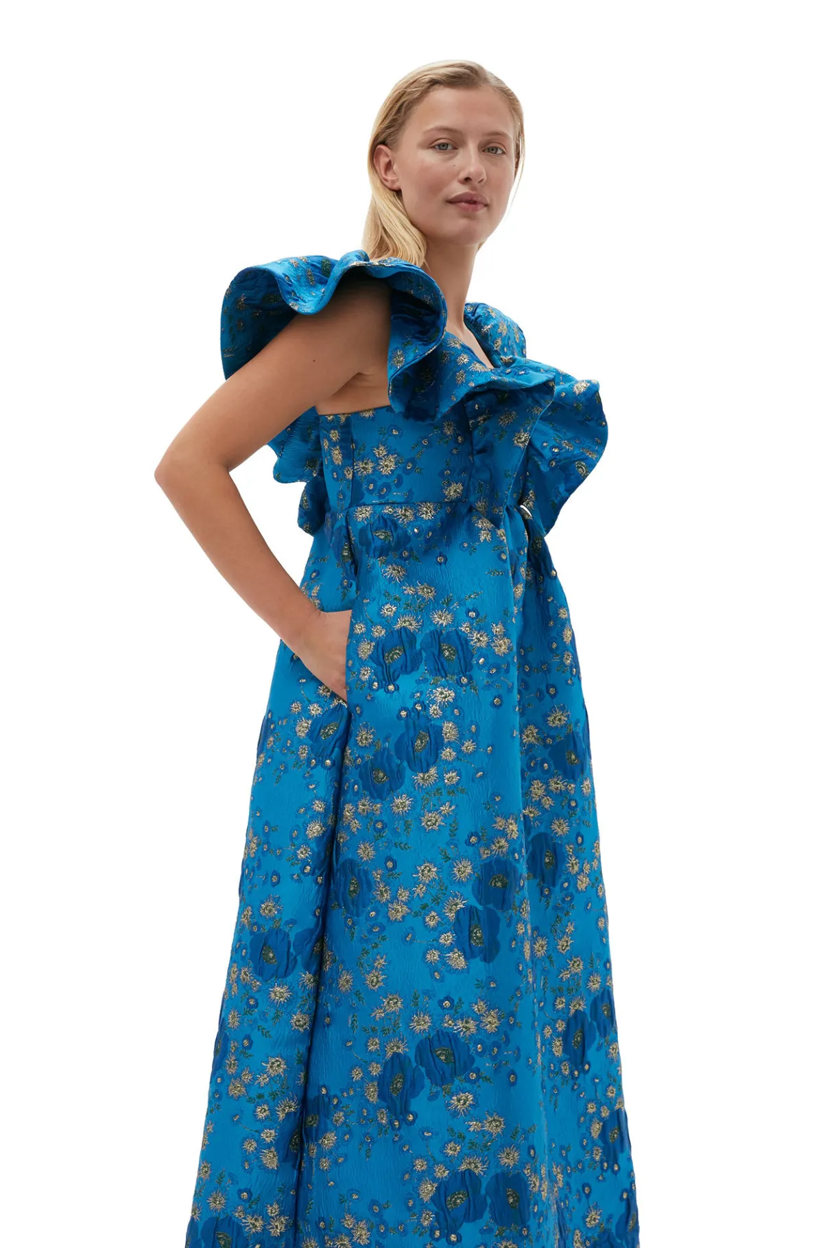 Outlet GANNI 3D Jacquard Ruffle Midi Dress Brilliant Blue