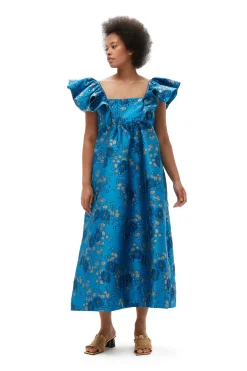Outlet GANNI 3D Jacquard Ruffle Midi Dress Brilliant Blue