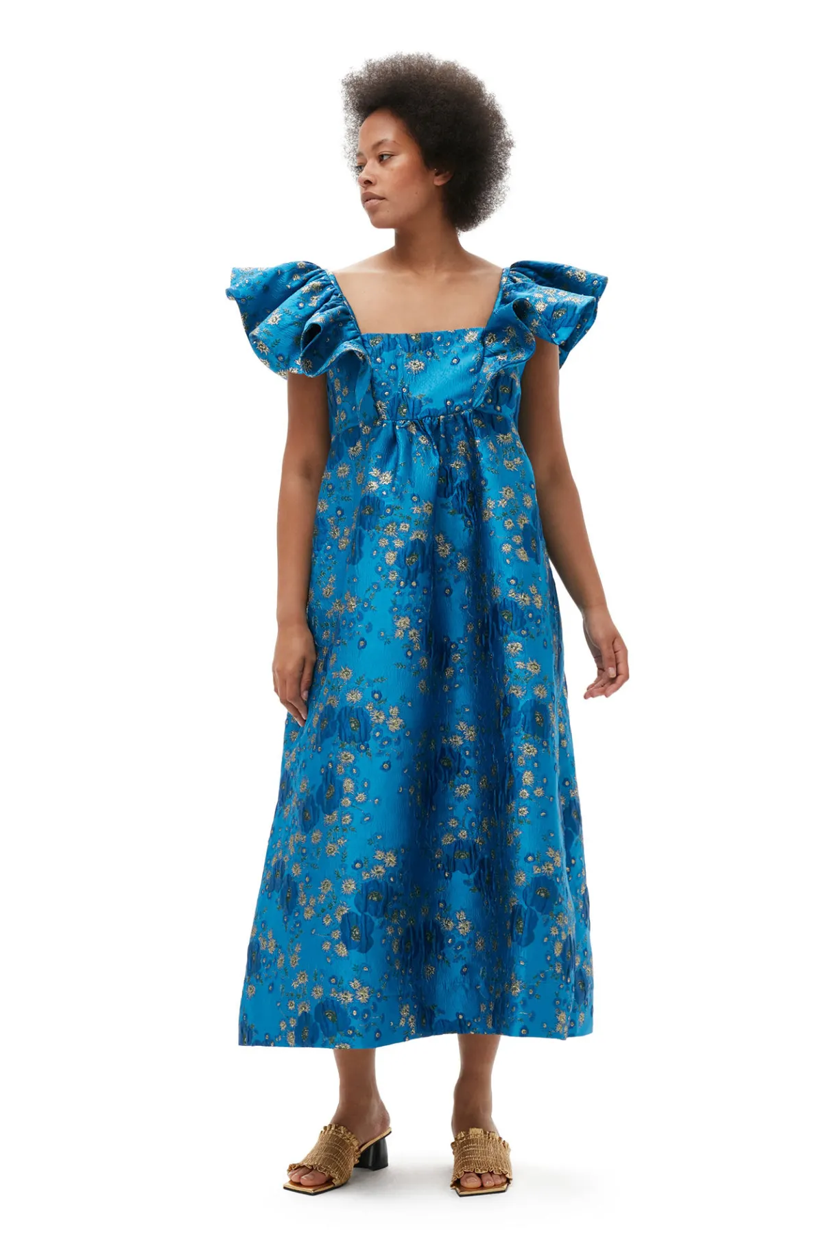 Outlet GANNI 3D Jacquard Ruffle Midi Dress Brilliant Blue