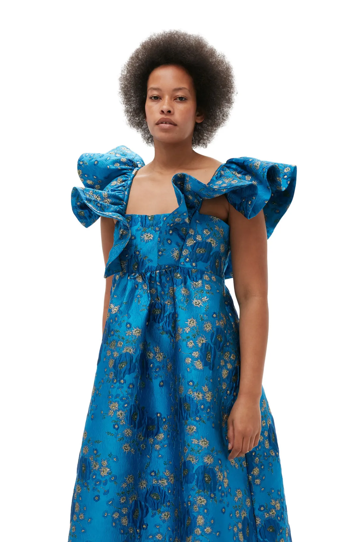 Outlet GANNI 3D Jacquard Ruffle Midi Dress Brilliant Blue