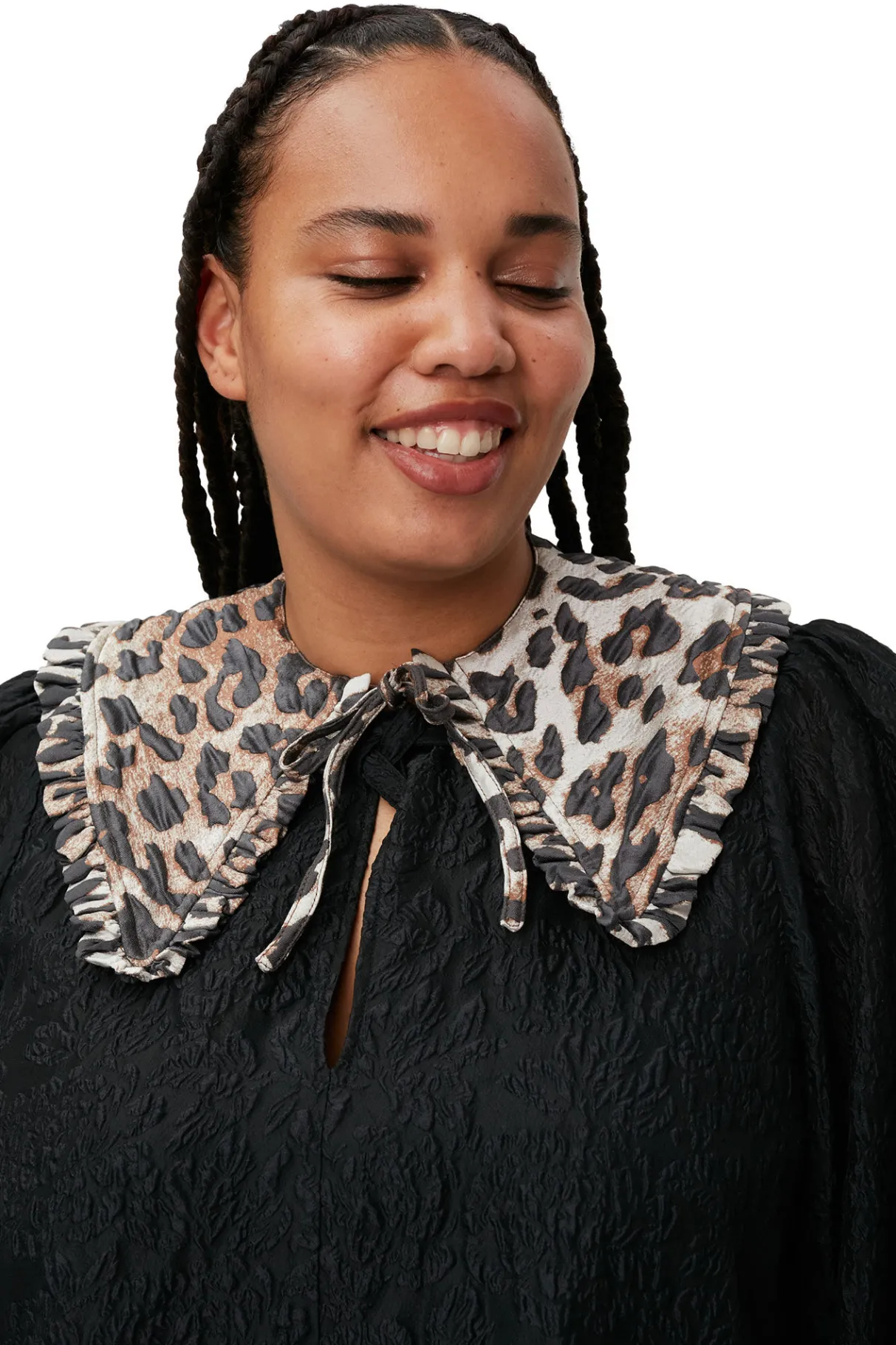 Shop GANNI 3D Leopard Jacquard Frill Collar Big Leopard Almond Milk