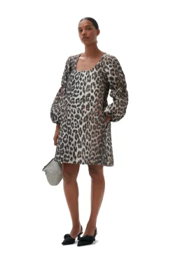 New GANNI 3D Leopard Jacquard Mini Dress Big Leopard Almond Milk