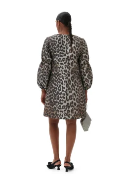 New GANNI 3D Leopard Jacquard Mini Dress Big Leopard Almond Milk