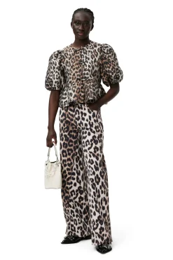 Cheap GANNI 3D Leopard Jacquard Peplum Blouse Big Leopard Almond Milk