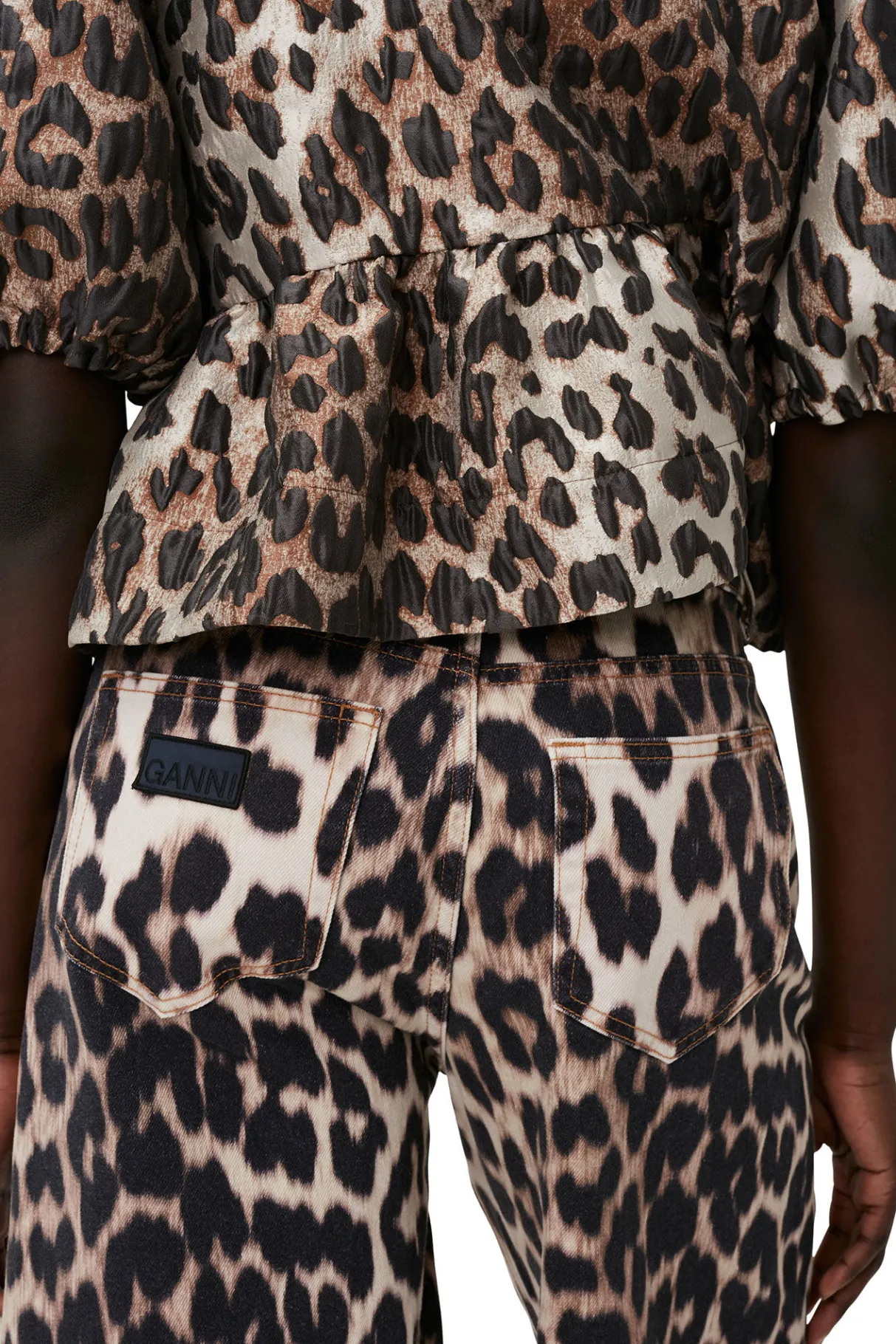 Cheap GANNI 3D Leopard Jacquard Peplum Blouse Big Leopard Almond Milk