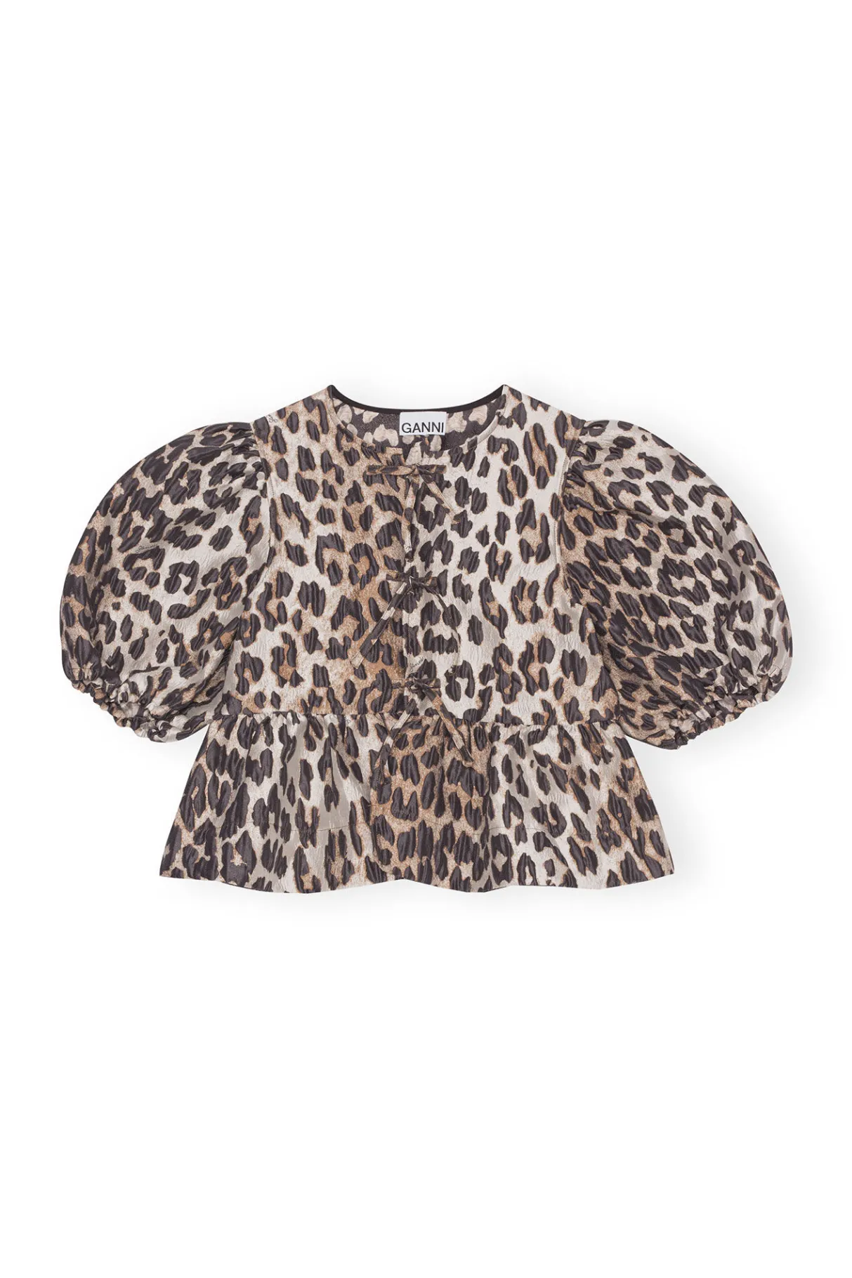 Cheap GANNI 3D Leopard Jacquard Peplum Blouse Big Leopard Almond Milk