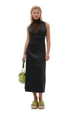 Outlet GANNI Double Satin Halter-Neck Dress Black