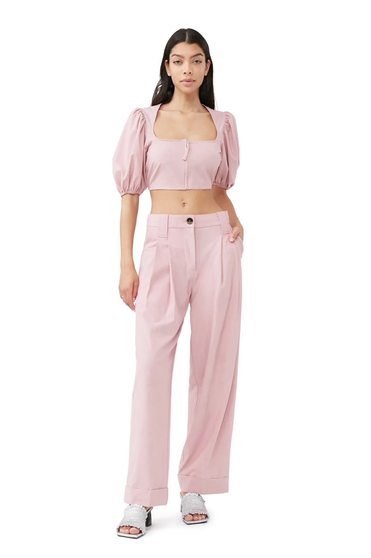 New GANNI Drapey Melange Zipper Blouse Pink Tulle