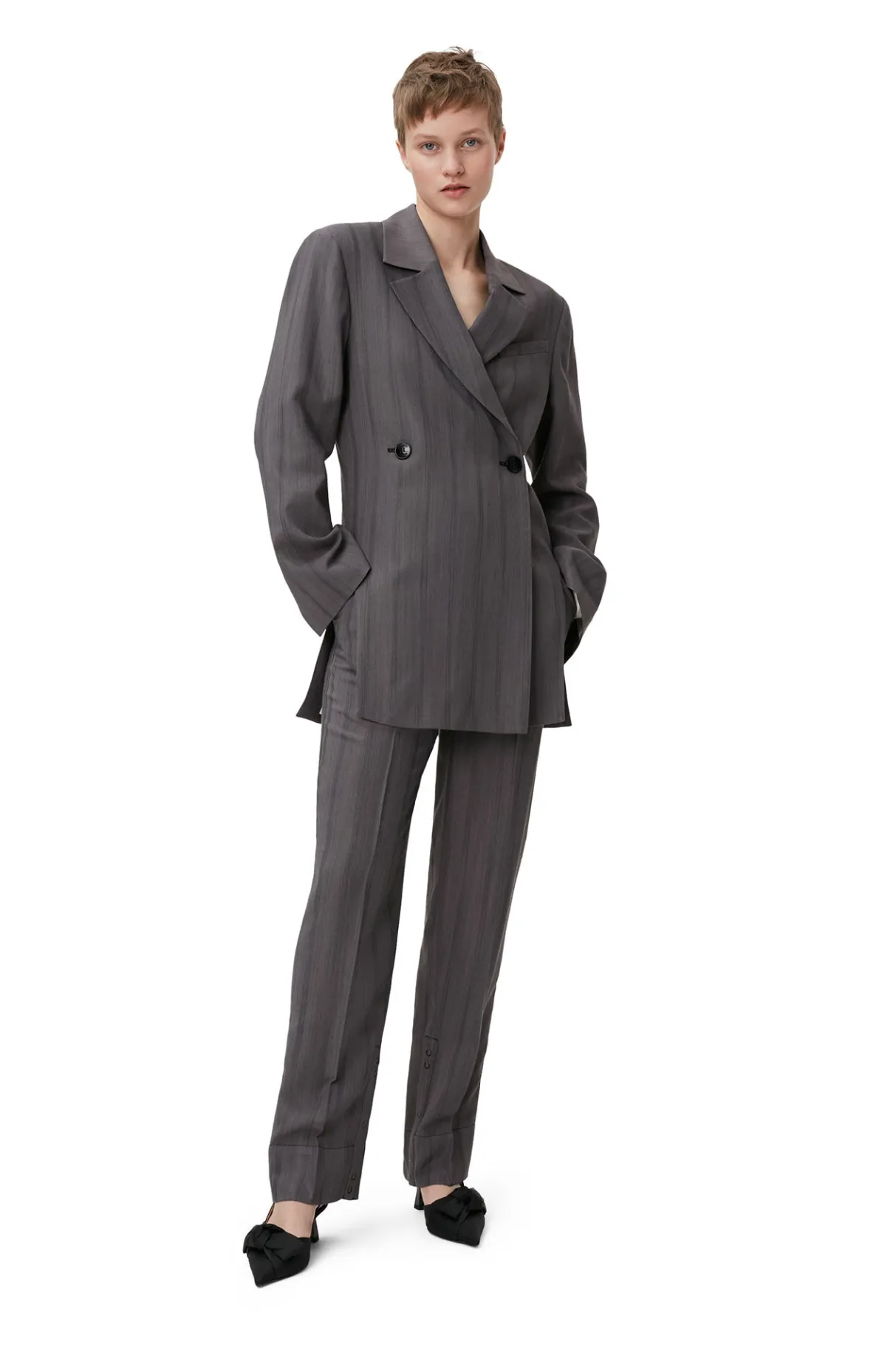 Shop GANNI Drapey Stripe Pants Black Stripes