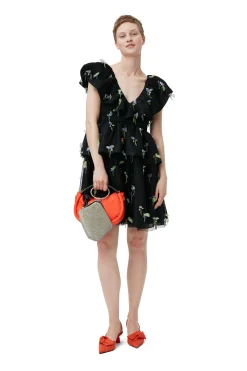 Cheap GANNI Embellished Mesh Mini Dress Black