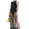 Fashion GANNI Embellished Mesh Slip Dress Black