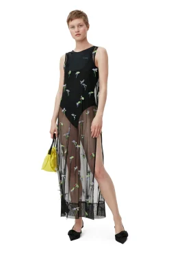 Fashion GANNI Embellished Mesh Slip Dress Black