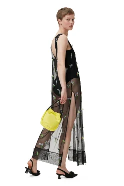 Fashion GANNI Embellished Mesh Slip Dress Black