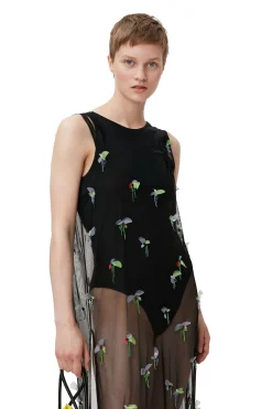 Fashion GANNI Embellished Mesh Slip Dress Black