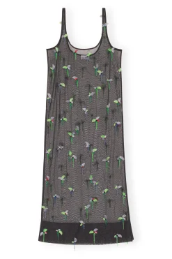Fashion GANNI Embellished Mesh Slip Dress Black