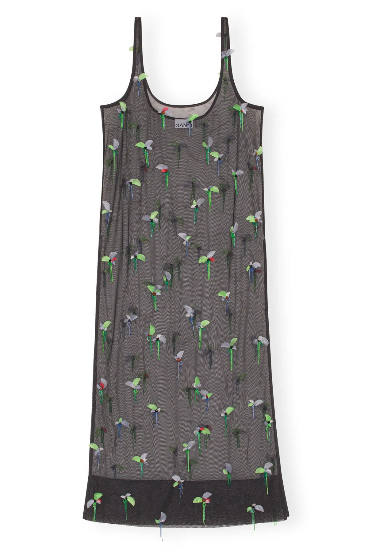Fashion GANNI Embellished Mesh Slip Dress Black
