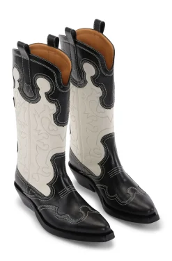 Fashion GANNI Embroidered Western Boots Black/Egret
