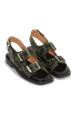 Best Sale GANNI Embroidered Western Sandals Black/Yellow