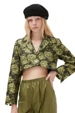 New GANNI Flower Jacquard Cropped Suiting Blazer Lemon Zest