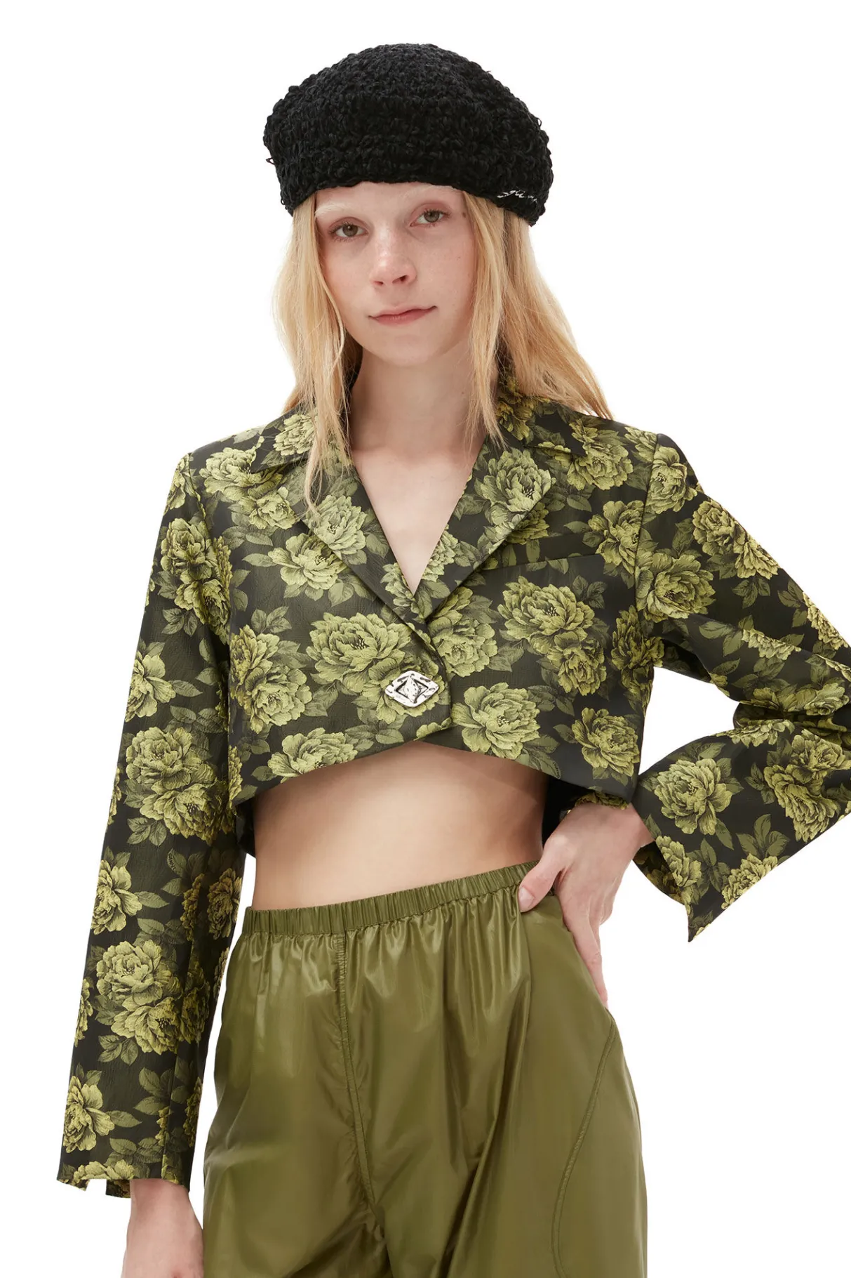 New GANNI Flower Jacquard Cropped Suiting Blazer Lemon Zest