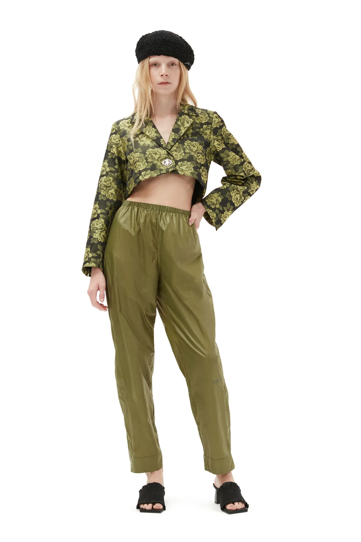 New GANNI Flower Jacquard Cropped Suiting Blazer Lemon Zest