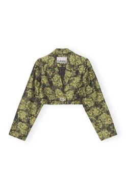 New GANNI Flower Jacquard Cropped Suiting Blazer Lemon Zest