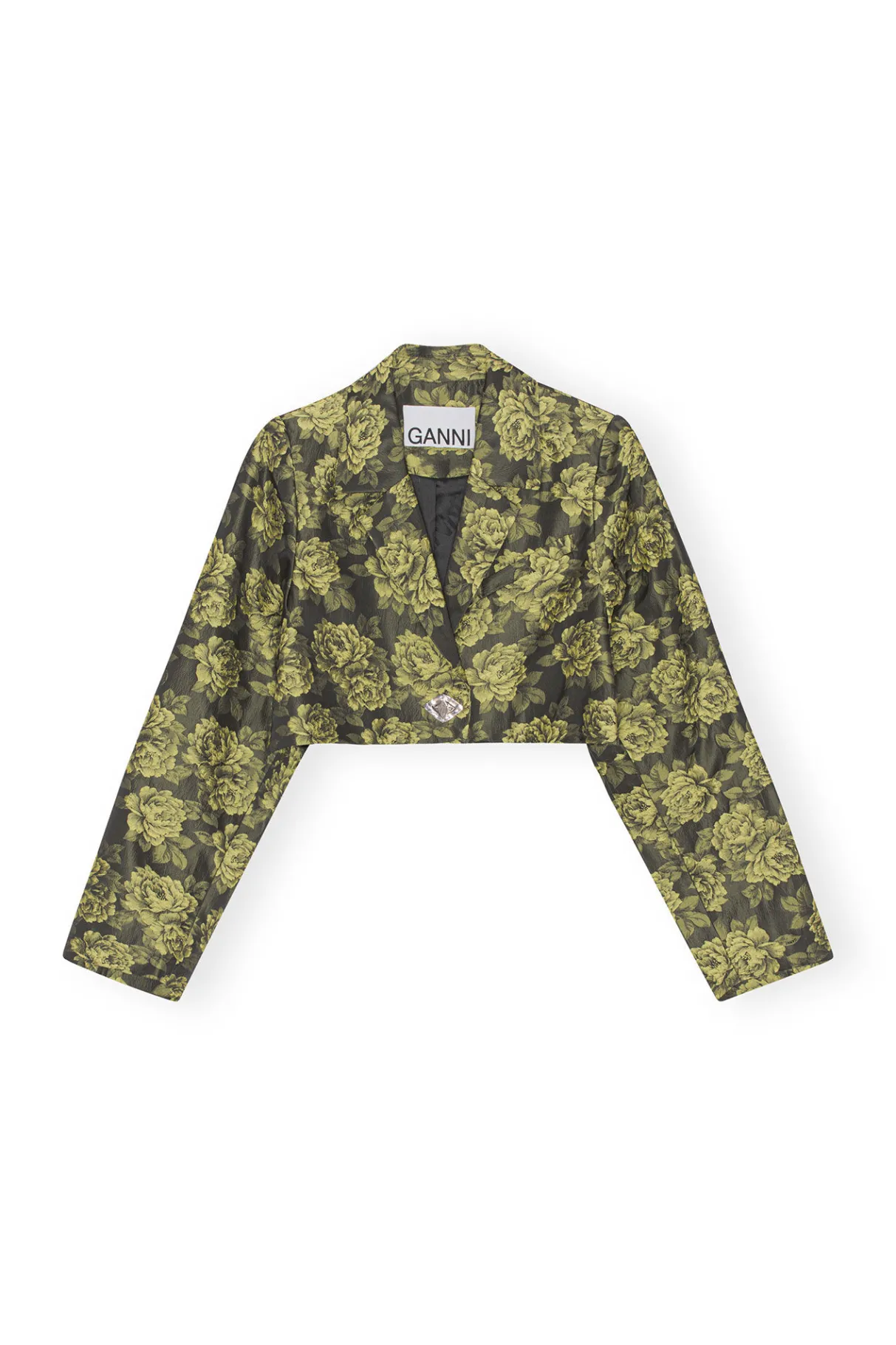 New GANNI Flower Jacquard Cropped Suiting Blazer Lemon Zest