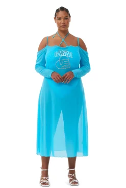 Best Sale GANNI X Ester Manas Mesh Off Shoulder Dress Bachelor Blue