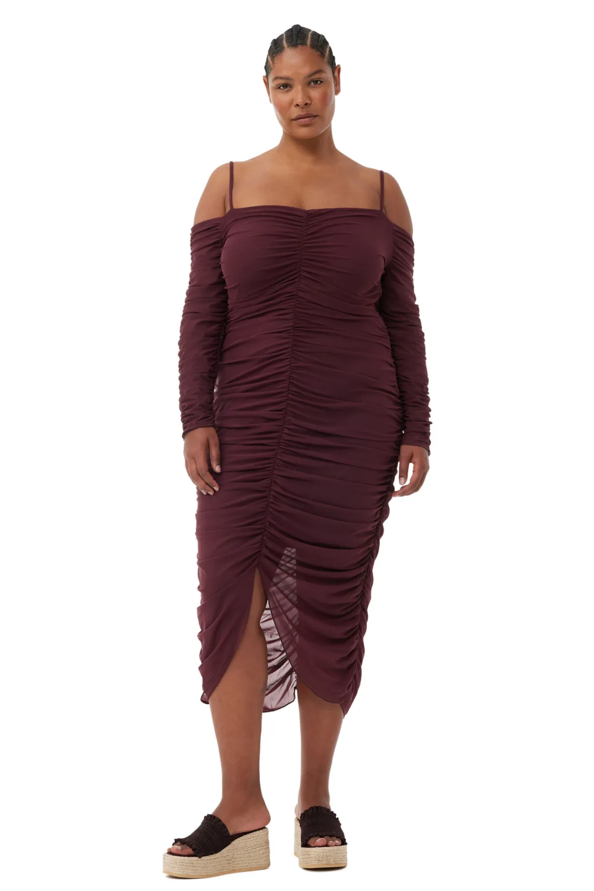Best GANNI X Ester Manas Mesh Off Shoulder Gather Dress Port Royale