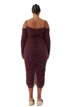 Best GANNI X Ester Manas Mesh Off Shoulder Gather Dress Port Royale