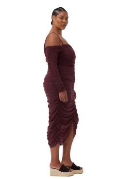 Best GANNI X Ester Manas Mesh Off Shoulder Gather Dress Port Royale
